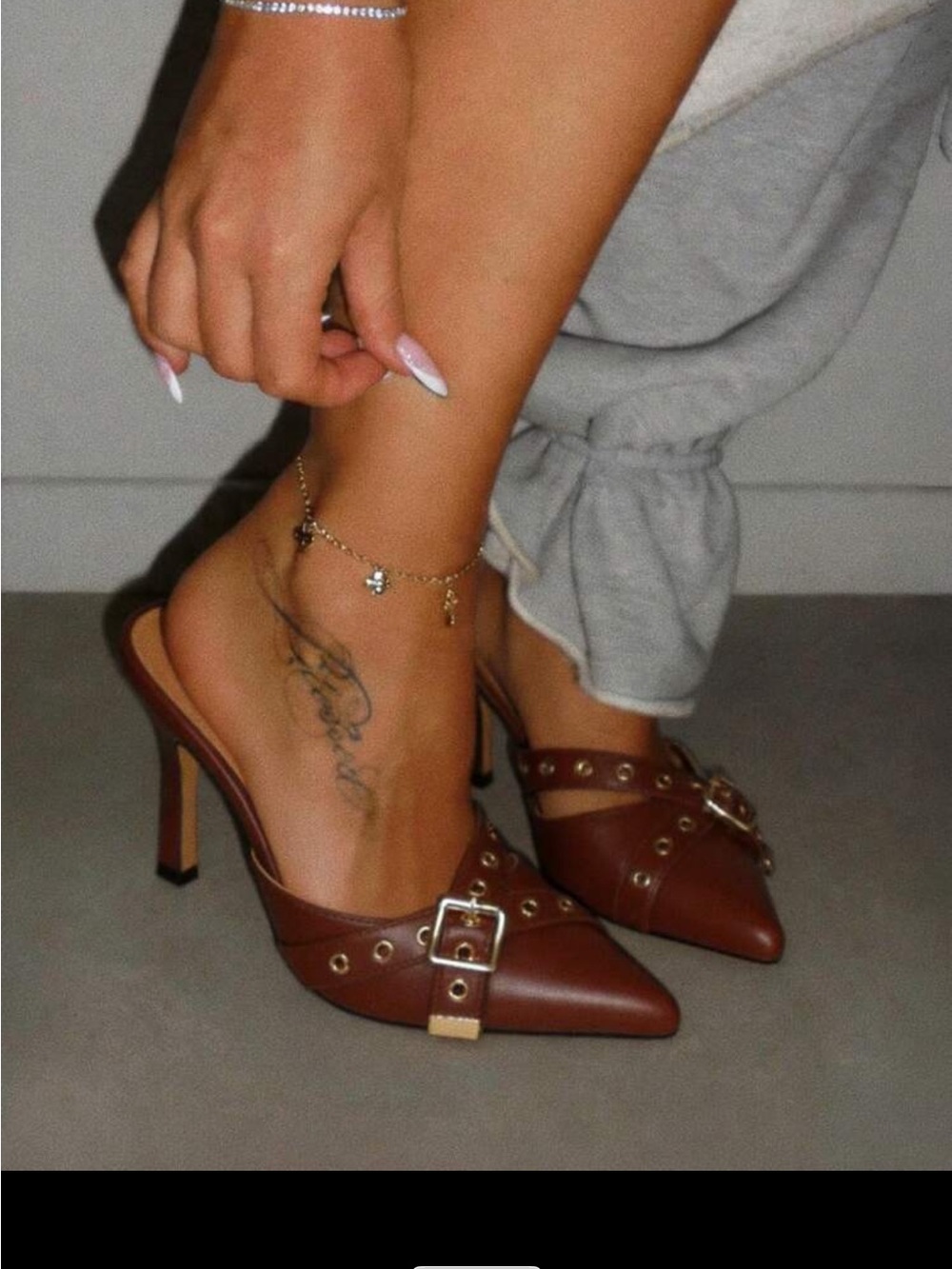 Brown Pointed-Toe Buckle Mule Heels - Women